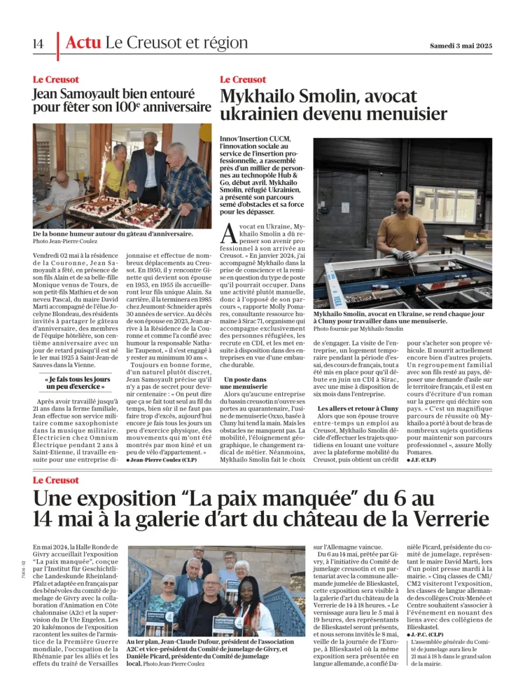 Article JSL Mai 2025 - Le Creusot, Mykhailo, avocat ukrainien devenu menuisier
